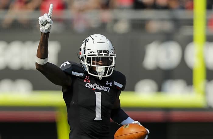 Sep 11, 2021; Cincinnati, Ohio, USA; Cincinnati Bearcats cornerback Ahmad Gardner (1) reacts after an interception against the Murray State Racers in the first half at Nippert Stadium. Mandatory Credit: Katie Stratman-USA TODAY Sports
